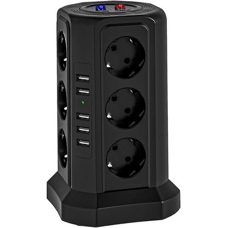 Multiprise tour, 12 prises, avec rallonge, 10 A 250 V 2500 W, avec protection contre les surtensions, rallonge, noire, modèle standard. (1/5)