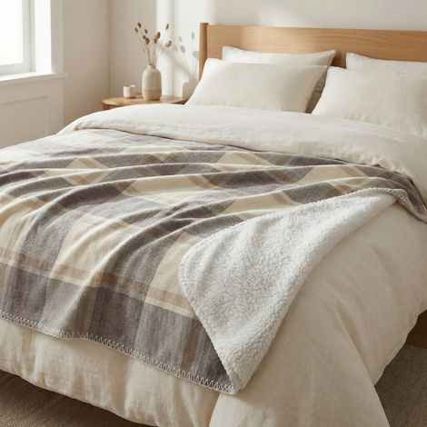 Plaid Coperta Scozzese Matrimoniale 210x230 - Doppio Lato Sherpa Agnello - Beige Tortora Morbido