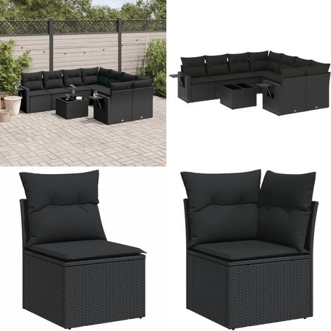 Salon de jardin 9 pcs avec coussins noir résine tressée - Ensemble Salon De Jardin - Meuble De Jardin - Salon D'extérieur - Résine Tressée - Rotin Synthétique - Home & Living (1/5)