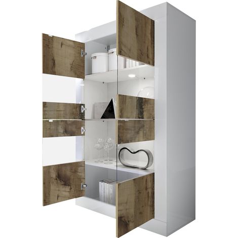Vitrine Suzzara, 2 Türen, Struktur Braun, Fach Weiß, Made in Italy, 101,4x42x161,2h cm Hochglanzweiß
