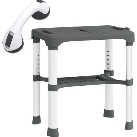 Sgabello per Doccia 46x33x39-49 cm con Mensola Integrata Altezza Regolabile 5 Livelli Portata 150kg in Alluminio Grigio (1/5)
