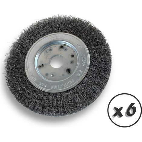 Lot de 6 brosses circulaires ACIER Ø 150 mm Epaisseur 1 rang Fil souple 0.20 mm ondulé Alésage 20 mm + réducteur bague 16/12 mm Touret meuleuse affûteuse ponceuse Kibros 215151AVx6
