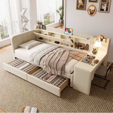 Letto bambini 90x200 cm con 2 cassetti, scrivania, porte USB-Type-C, vano portaoggetti ribaltabile e rete a doghe, senza materasso, beige (1/5)