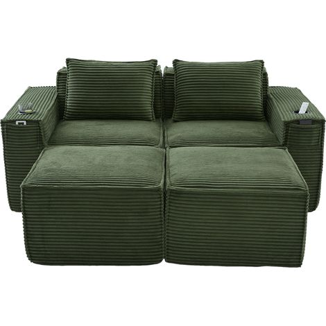 2-Sitzer-Modulsofa aus grünem Cord mit 2 Hockern, Becherhaltern und Seitentaschen (1/5)
