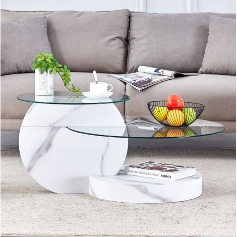 Table basse double niveau en verre, MDF effet marbre blanc OKMYHOME (1/5)