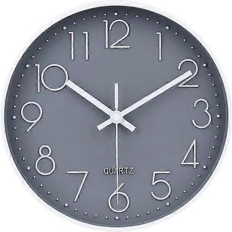 Graue Wanduhr, 25 cm (10 Zoll), geräuschlos und ohne Ticken, batteriebetrieben, für Zuhause, Badezimmer. (1/5)