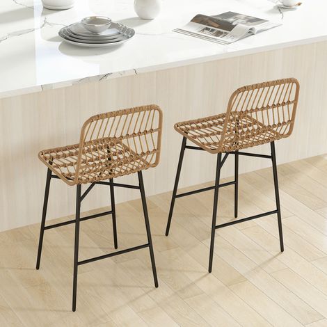 Set mit 2 hohen Küchenhockern, Barhockern mit Rückenlehne und Rattansitz für Bar, Küche, Esszimmer, Braun