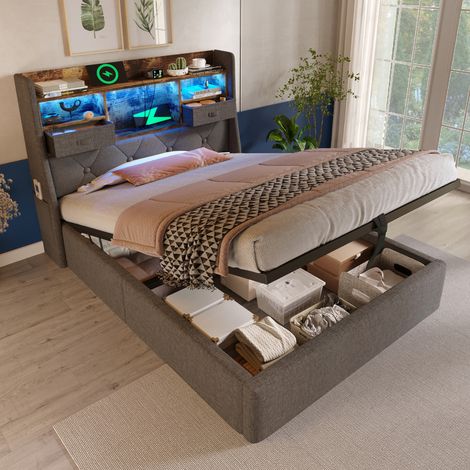 REDOM Cama individual 90x200 cm con almacenamiento hidráulico y LED, lino gris (Sin colchón) (1/5)