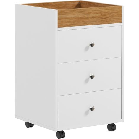 Cajonera de oficina mueble archivador con 4 ruedas 3 cajones y 1 bandeja extraíble carga 30 kg para estudio salón 43x40x66,5 cm blanco y natural (1/5)