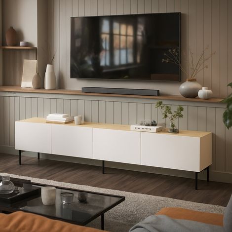 Scopa TV-Ständer, Wohnzimmer-Sideboard mit vier Flügeltüren und vier Innenfächern, vom Boden abgehoben, 200 x 40 x 52 cm, Beige und Eiche (1/4)
