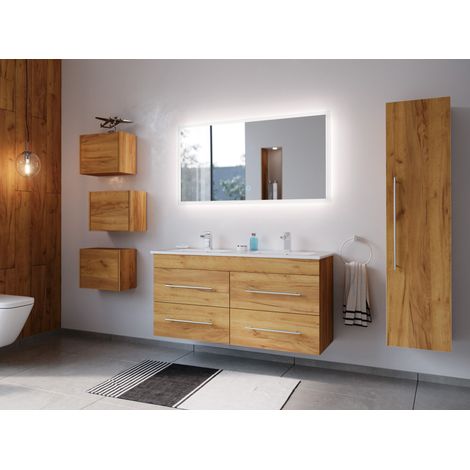 Badmöbelset Helios 4-teilig LED Spiegel Hochschrank 3er Boxen eiche gold
