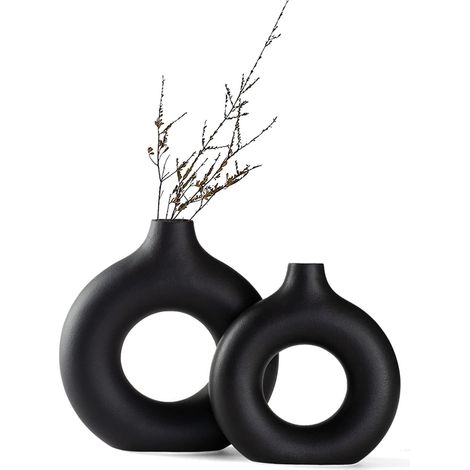 Vase Céramique - Design Donut Creux - Noir Mat - Style Nordique Minimaliste - Pour Fleurs Séchées Et Pampa - Lot De 2