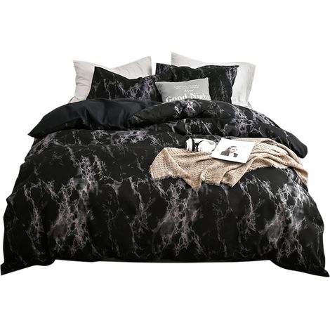 Housse de couette en polyester marbré avec taie d'oreiller, lot de 3 pièces, taille double EU, noir. (1/5)
