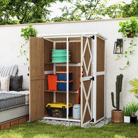 Gartenhaus 0,55 m² mit 2 Regalböden, 2 abschließbaren Türen und verstellbaren Füßen, aus Tannenholz mit Bitumendach, 116,5 x 57 x 159/167 cm, braun-weiß