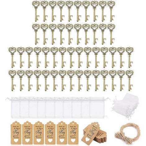 50 sachets cadeaux de mariage comprenant un ouvre-bouteille en forme de clé vintage et une étiquette de remerciement. (1/5)