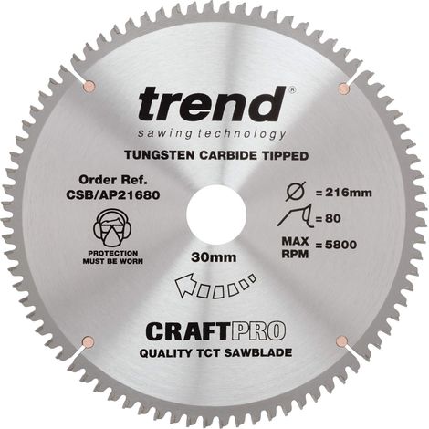 Trend Lama per sega circolare CraftPro TCT per piano di lavoro in alluminio e plastica, diametro 216 mm x 80 denti x foro 30 mm, punta in carburo di tungsteno, CSB/AP21680