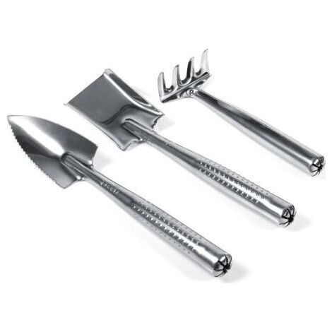 Set aus 3 Mini-Schaufeln und Rechen aus Kunststoff und Edelstahl, Gartengerät, Gartenspielzeug (Edelstahl)