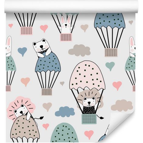 Papel pintado con globos de colores y animales para salón y dormitorio, 50x1000 cm. (1/5)