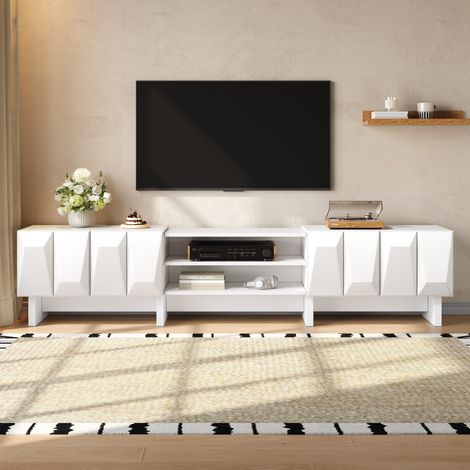 Mueble tv 180x34x44,5 cm mesa de salón en tablero de partículas con 4 puertas de relieve compartimentos abiertos y pasacables moderno blanco (1/5)