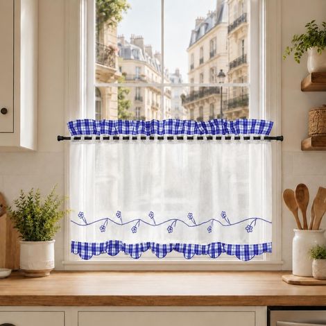 CCYKXARideau Cuisine Court, Rideaux Brise-Bise Transparent Broderie Bleu HxL 45x90cm pour Intérieur, Salle à Manger, Chambre, Fenêtre (1/5)