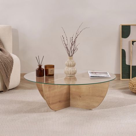 Couchtisch rundes gehärtetes Glas - Eiche Melamin - 90 cm - Liya