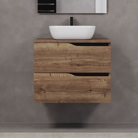 Meuble de salle de bain 60cm avec plateau et vasque à poser zeus - 2 tiroirs - sans miroir - tabaco (chêne foncé) - LUNA (1/5)