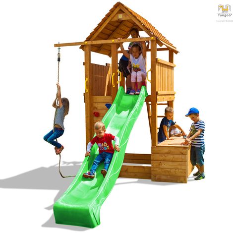 Fungoo Spielturm "Fortress Toybox", teak, mit Rutsche, Toybox, Holzdach, Leiter, Steuerrad, Kletterwand