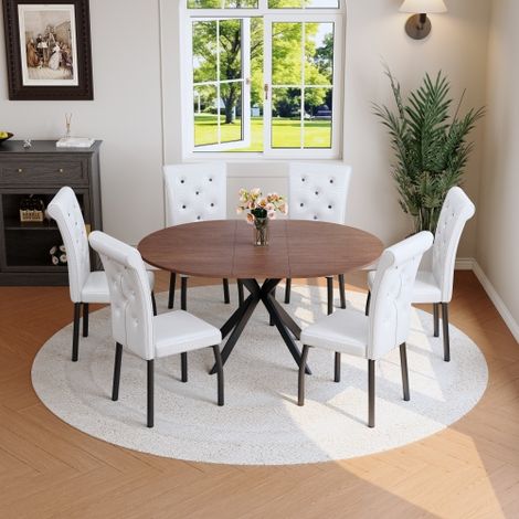 Ensemble de salle à manger avec table ronde extensible en bois et 6 chaises blanches, ensemble de cuisine gain de place en similicuir capitonné et pieds en métal pour salle à manger et cuisine