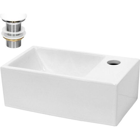ECD Germany Lavabo da Appoggio o Parete con Set di Scarico 350 x 205 x 125 mm Ceramica Bianca Rettangolare Lavandino senza Troppopieno Lavamano da Bagno con Piletta Montaggio del Rubinetto a Destra (1/5)