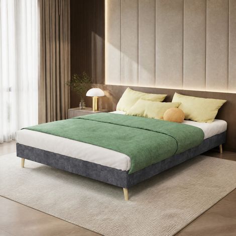 Letto matrimoniale 140x200 cm, con rete a doghe, in tessuto e metallo grigio, stile moderno, senza materasso (1/5)