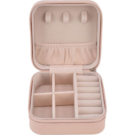 Tragbare Schmuckschatulle mit Reißverschluss, 4 Fächern, großem separaten Staufach, weichem Futter, Mini-Reiseetui, nudefarbenes Rosa (1/5)