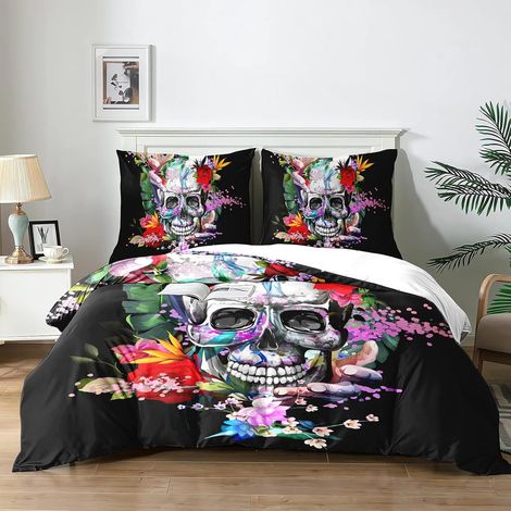 Housse de Couette Motif de Crâne 140x200 cm,Enfant Parure de lit imprimé Ensemble 3D literie Gothique, 1 crâne Housse de Couette + 2 taies d'oreiller 65 x 65 cm.(K4x140) - 140x200 (1/5)