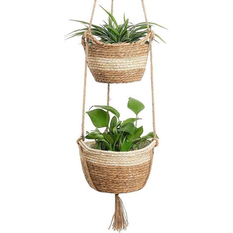 Hängender Seegras-Pflanztopf 2 Größen gewebter Pflanztopf für drinnen und draußen Blumentopf-Überzug Aufbewahrungskorb Pflanzgefäße für die beige (1/5)