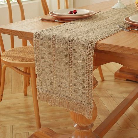 Camino de mesa estilo bohemio con borlas,camino de mesa con tejido de lino,camino de mesa con mantel calado de estilo rústico,30x275cm (1/5)