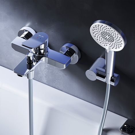 AM.PM Badewannenarmatur, Wannen Bad Armatur Einhebelmischer für Bad, inkl. Handbrause 5 Strahlarten, Wandhalterung und Schlauch , Chrom