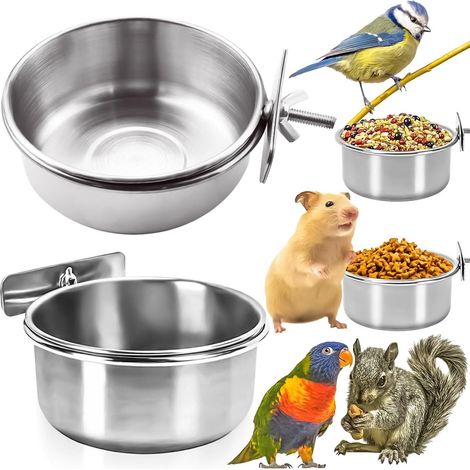 Lot de 2 mangeoires pour oiseaux, perroquets et autres petits animaux. 10 x 4 cm, couleur argent. (1/5)