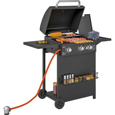 Barbacoa de Gas con 3 Quemadores Parrilla para 5-9 Personas Quemador Lateral Termómetro y Ruedas 123x58x98 cm Negro (1/5)
