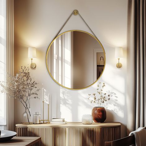 Gold Round Wall Mirror Bathroom Bedroom Makeup Dressing Leather Strap Hanging Mirror - 60cm (1/5)