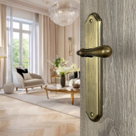Ouvre&Déco – Lot de 2 poignées de porte CARINA sans trou – Laiton patiné – Entraxe 195 mm – Garniture complète avec accessoires