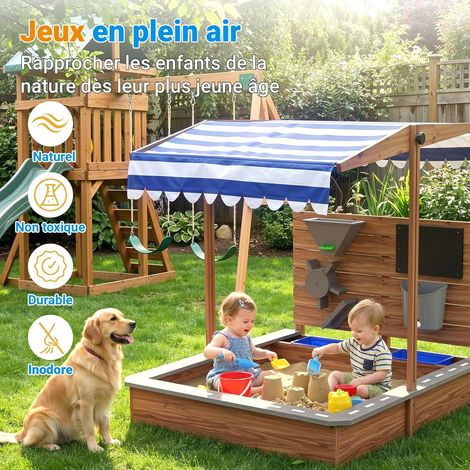 Holzsandkasten für den Außenbereich für Kinder von 3-10 Jahren, mit Deckel, Tafel, Wasserhahn, 2 Becken, für Gärten, Strände und Balkone (1/5)