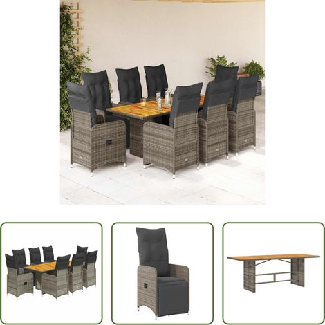 Gartentisch - 9-tlg. Garten-Bistro-Set mit Kissen Grau Poly Rattan (1/5)