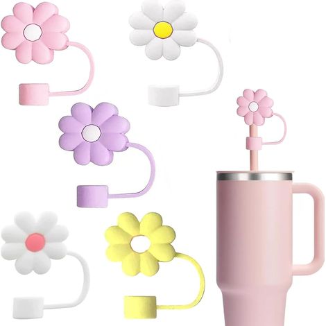 5 Pièces Couvercle Paille, Silicone, Fleur, 10 mm, Antipoussière, Réutilisable, pour Tasse Stanley 30 40 oz (1/5)