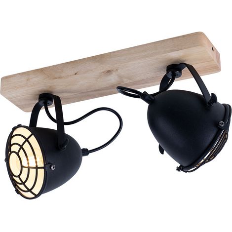 Plafonnier spot lampe de salon plafonnier lampe de salle à manger, métal noir grille bois naturel, 2 ampoules E14 spots mobiles, L 36 cm (1/5)