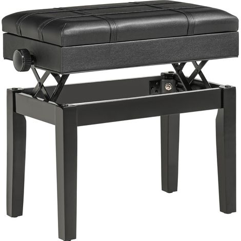 Panca pianoforte regolabile con vano contenitore, cuscino in similpelle nera 63x35x46-56 cm (1/4)