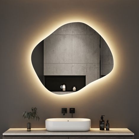 Asymmetrischer Spiegel mit Beleuchtung LED Badspiegel Asymmetrisch mit Beleuchtung 74 x 84 cm Spiegel mit Licht LED Spiegel mit Touch-Schalter, Dimmbar, 3 Lichtfarbe Einstellbare (1/5)