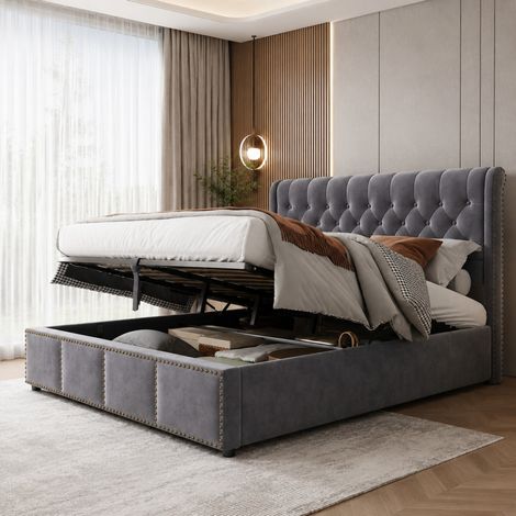 Letto contenitore matrimoniale 140x200 cm con sollevamento idraulico, in velluto grigio, senza materasso (1/5)