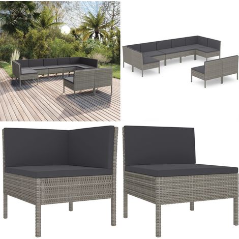 Salon de jardin 9 pcs avec coussins Résine tressée Gris - Salon De Jardin - Mobilier De Jardin - Set De Salon De Jardin - Résine Tressée - Chaise Longue - Home & Living