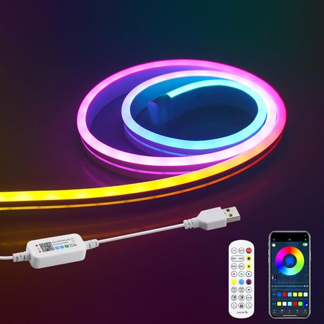 Ruban LED Néon 1M USB 5V IP65 Etanche RGB avec Contrôle APP et Télécommande, Synchronisation de Musique, pour Salon Chambre Jeux Maison DIY Décoration Éclairage