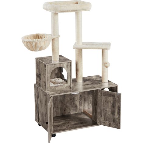 Yaheetech Albero Tiragraffi per Gatti 134,5 cm Mobile per Lettiera Multifunzionale Tutto in Uno Sisal Posatoio Condominio in Legno Grigio Beige/Beige