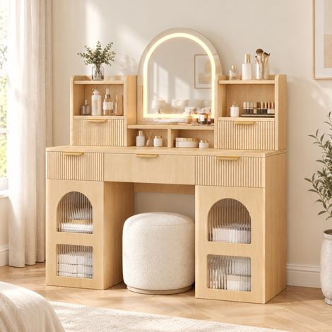Schminktisch mit dimmbarem LED-Spiegel, 3 Schubladen, 120 × 40 × 139,5 cm, Holzoptik, REDOM (1/5)